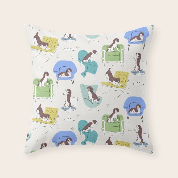 Mid-century Modern Chairs with Beagle Dogs Throw Pillow Gallery Image 6