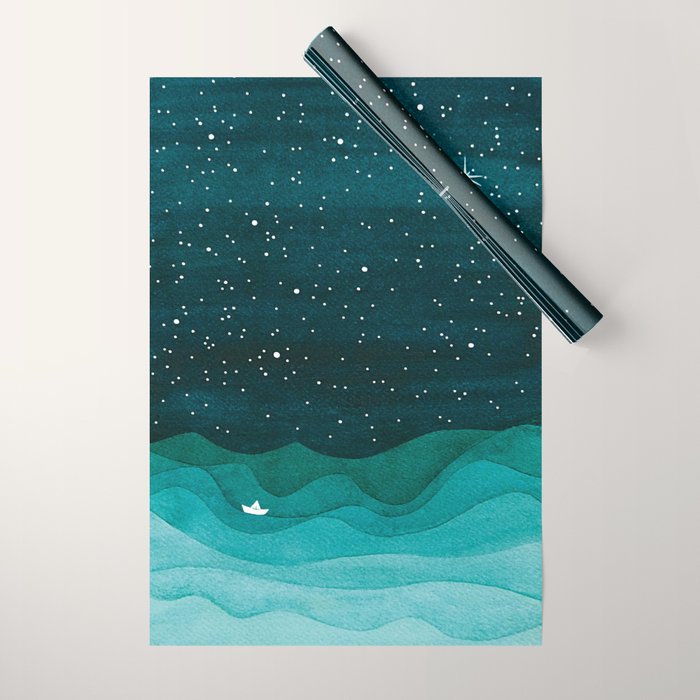 Starry Ocean, teal sailboat watercolor sea waves night Wrapping Paper Gallery Image 1