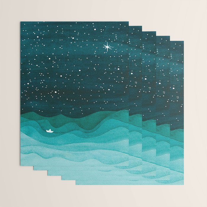 Starry Ocean, teal sailboat watercolor sea waves night Wrapping Paper Gallery Image 3