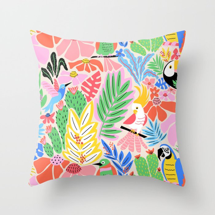 Joyful Jungle Exotic Birds Colorful Pattern Throw Pillow Gallery Image 6
