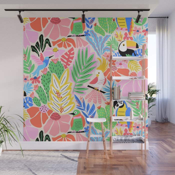 Joyful Jungle Exotic Birds Colorful Pattern Wall Mural Gallery Image 1