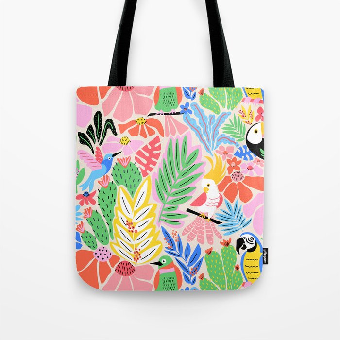 Joyful Jungle Exotic Birds Colorful Pattern Tote Bag Gallery Image 1