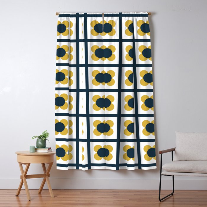 Scandi Flower Single - Retro Minimalist Floral Pattern in Light Mustard, Navy Blue, and White Window Curtain Gallery Image 5