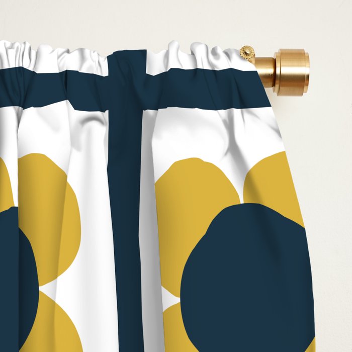 Scandi Flower Single - Retro Minimalist Floral Pattern in Light Mustard, Navy Blue, and White Window Curtain Gallery Image 2