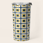 Scandi Flower Single - Retro Minimalist Floral Pattern in Light Mustard, Navy Blue, and White Travel Mug Gallery Image 2