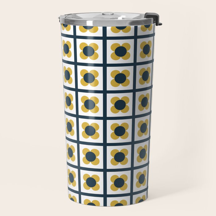Scandi Flower Single - Retro Minimalist Floral Pattern in Light Mustard, Navy Blue, and White Travel Mug Gallery Image 2