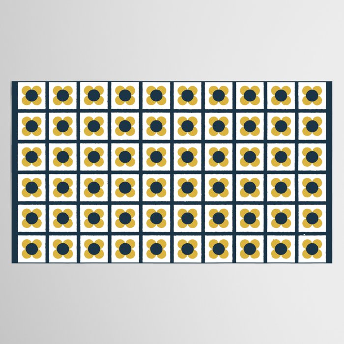 Scandi Flower Single - Retro Minimalist Floral Pattern in Light Mustard, Navy Blue, and White Tablecloth Gallery Image 2