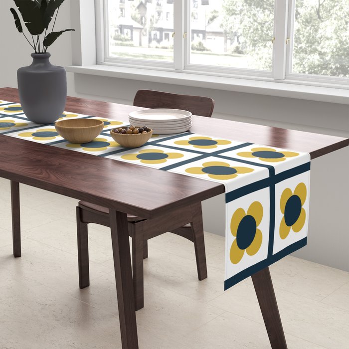 Scandi Flower Single - Retro Minimalist Floral Pattern in Light Mustard, Navy Blue, and White Table Runner Gallery Image 2