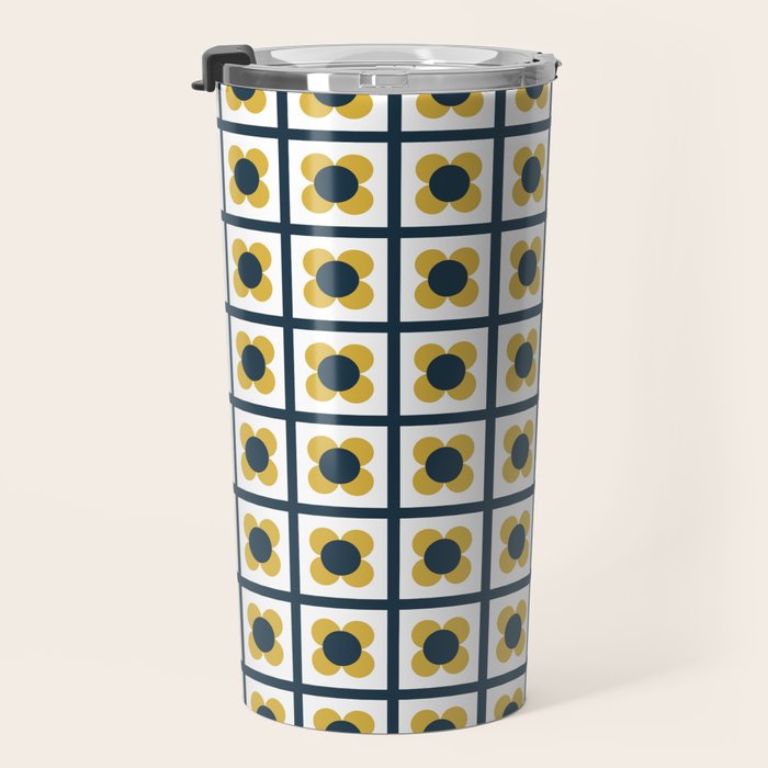 Scandi Flower Single - Retro Minimalist Floral Pattern in Light Mustard, Navy Blue, and White Travel Mug Gallery Image 3