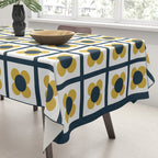 Scandi Flower Single - Retro Minimalist Floral Pattern in Light Mustard, Navy Blue, and White Tablecloth Gallery Image 3