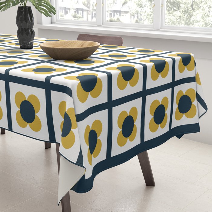 Scandi Flower Single - Retro Minimalist Floral Pattern in Light Mustard, Navy Blue, and White Tablecloth Gallery Image 3