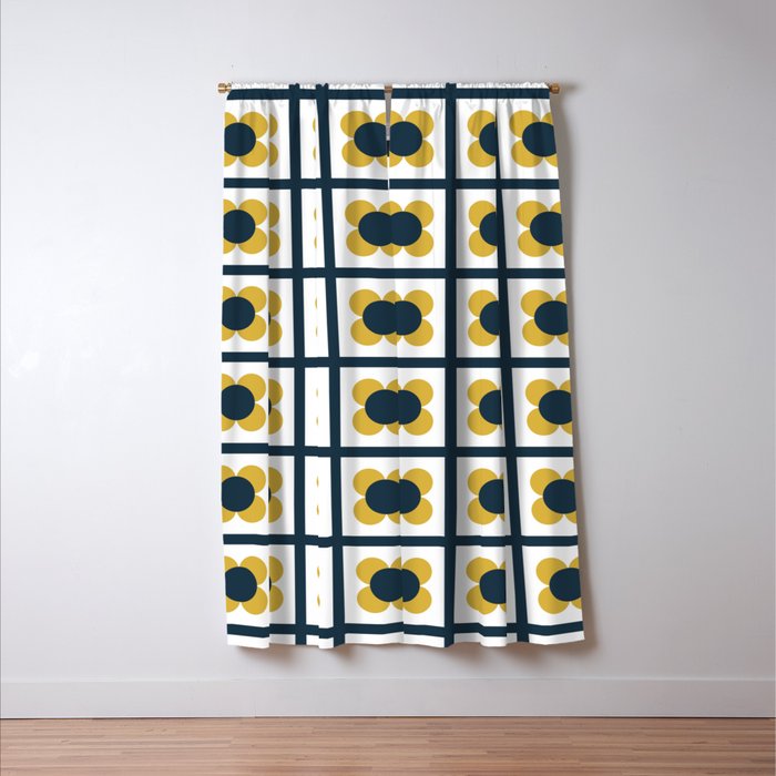 Scandi Flower Single - Retro Minimalist Floral Pattern in Light Mustard, Navy Blue, and White Window Curtain Gallery Image 3