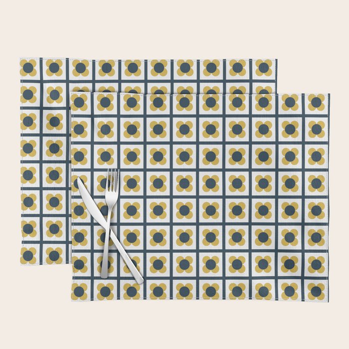 Scandi Flower Single - Retro Minimalist Floral Pattern in Light Mustard, Navy Blue, and White Placemat Gallery Image 1