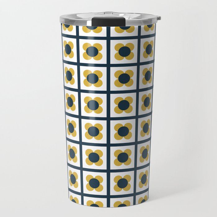 Scandi Flower Single - Retro Minimalist Floral Pattern in Light Mustard, Navy Blue, and White Travel Mug Gallery Image 1