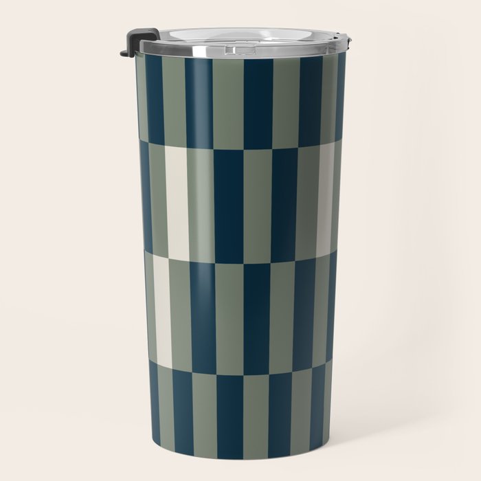 offset stripes Modern Geometric Abstract Shapes Green Black Cream Travel Mug Gallery Image 3