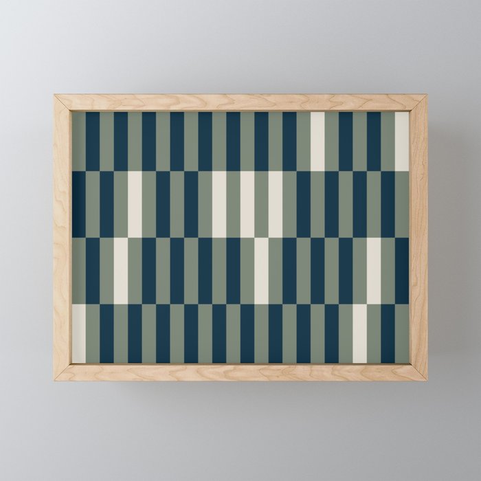 offset stripes Modern Geometric Abstract Shapes Green Black Cream Mini Art Print Gallery Image 1