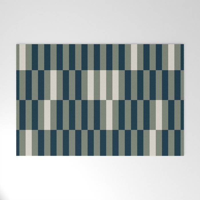 offset stripes Modern Geometric Abstract Shapes Green Black Cream Welcome Mat Gallery Image 1