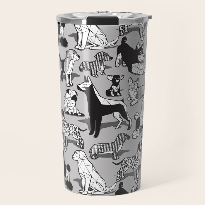 Geometric sweet wet noses // grey background black and white dogs Travel Mug Gallery Image 1