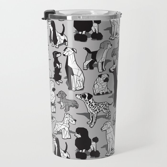 Geometric sweet wet noses // grey background black and white dogs Travel Mug Gallery Image 3