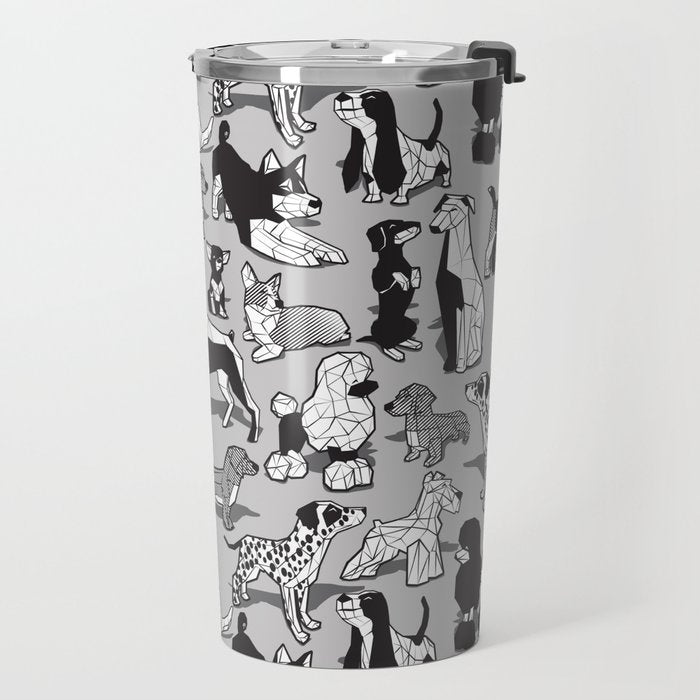 Geometric sweet wet noses // grey background black and white dogs Travel Mug Gallery Image 2