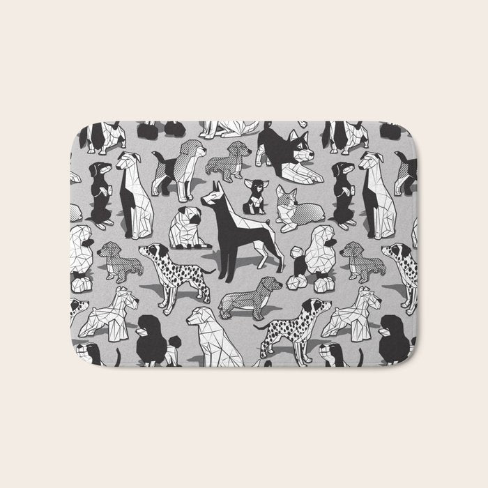 Geometric sweet wet noses // grey background black and white dogs Bath Mat Gallery Image 1