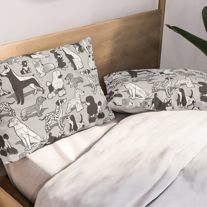 Geometric sweet wet noses // grey background black and white dogs Pillow Sham Gallery Image 2