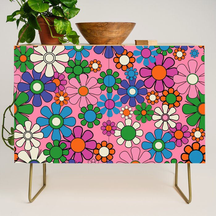 Groovy Retro Garden Colorful 60s 70s Pink Floral Pattern Credenza Gallery Image 1