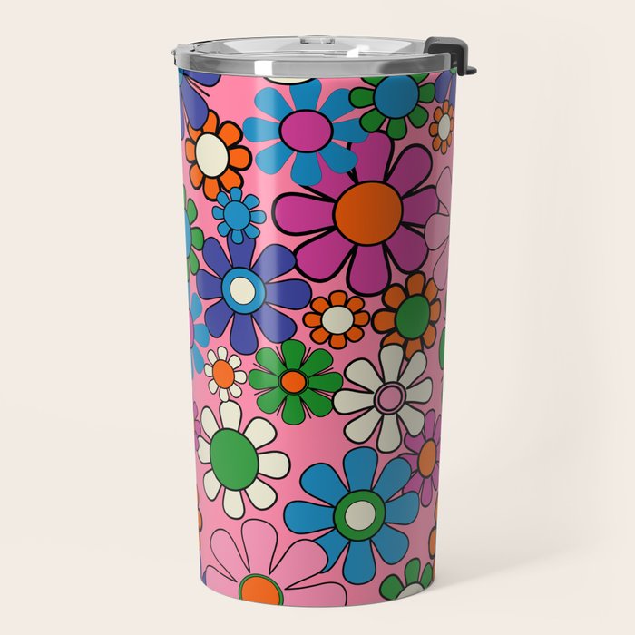 Groovy Retro Garden Colorful 60s 70s Pink Floral Pattern Travel Mug Gallery Image 2