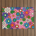 Groovy Retro Garden Colorful 60s 70s Pink Floral Pattern Outdoor Rug Gallery Image 1