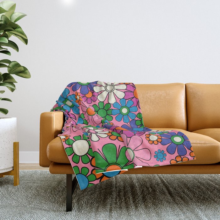 Groovy Retro Garden Colorful 60s 70s Pink Floral Pattern Throw Blanket Gallery Image 1