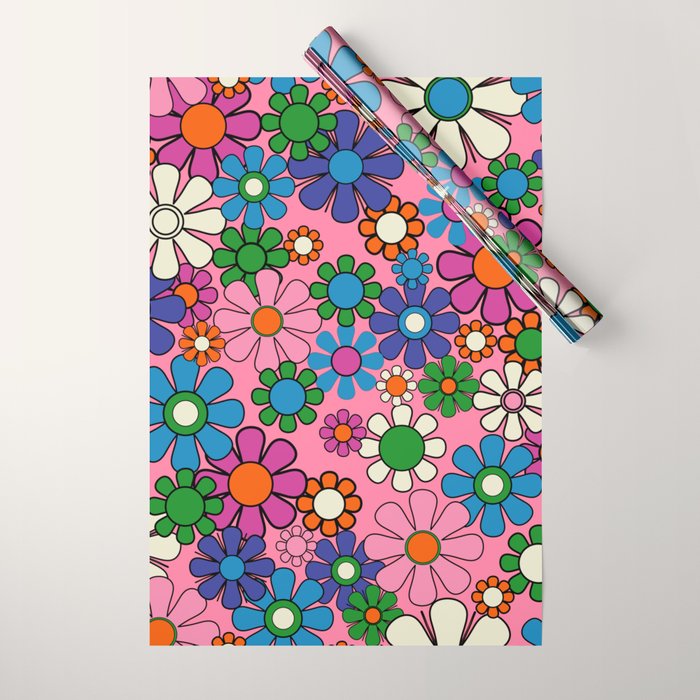 Groovy Retro Garden Colorful 60s 70s Pink Floral Pattern Wrapping Paper Gallery Image 1