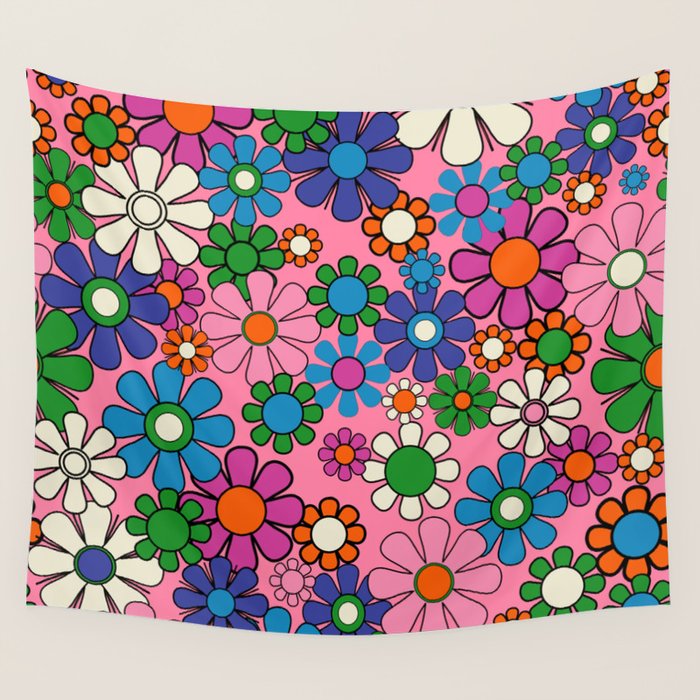 Groovy Retro Garden Colorful 60s 70s Pink Floral Pattern Wall Tapestry Gallery Image 1
