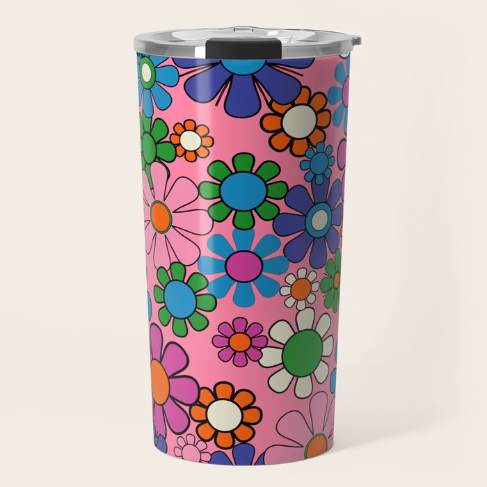 Groovy Retro Garden Colorful 60s 70s Pink Floral Pattern Travel Mug Gallery Image 1