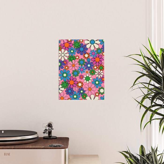 Groovy Retro Garden Colorful 60s 70s Pink Floral Pattern Poster Gallery Image 2