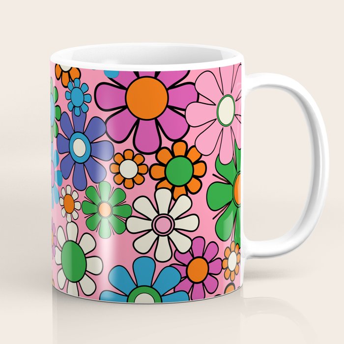Groovy Retro Garden Colorful 60s 70s Pink Floral Pattern Coffee Mug Gallery Image 1
