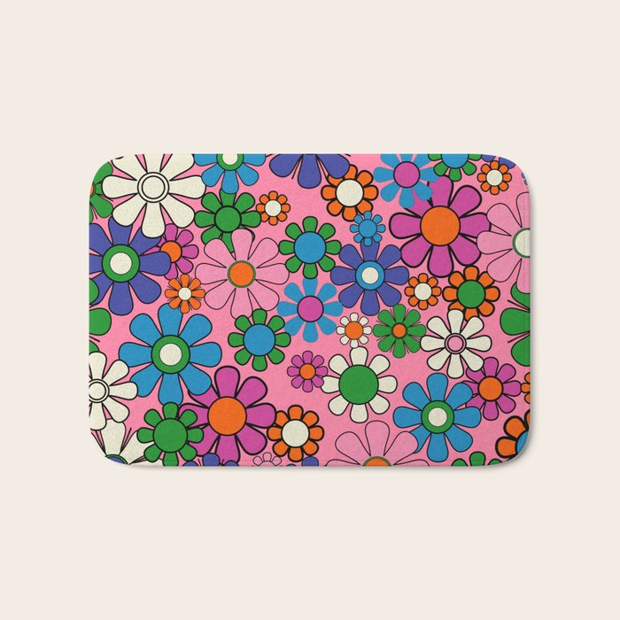 Groovy Retro Garden Colorful 60s 70s Pink Floral Pattern Bath Mat Gallery Image 1
