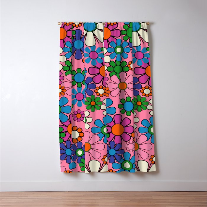 Groovy Retro Garden Colorful 60s 70s Pink Floral Pattern Window Curtain Gallery Image 3