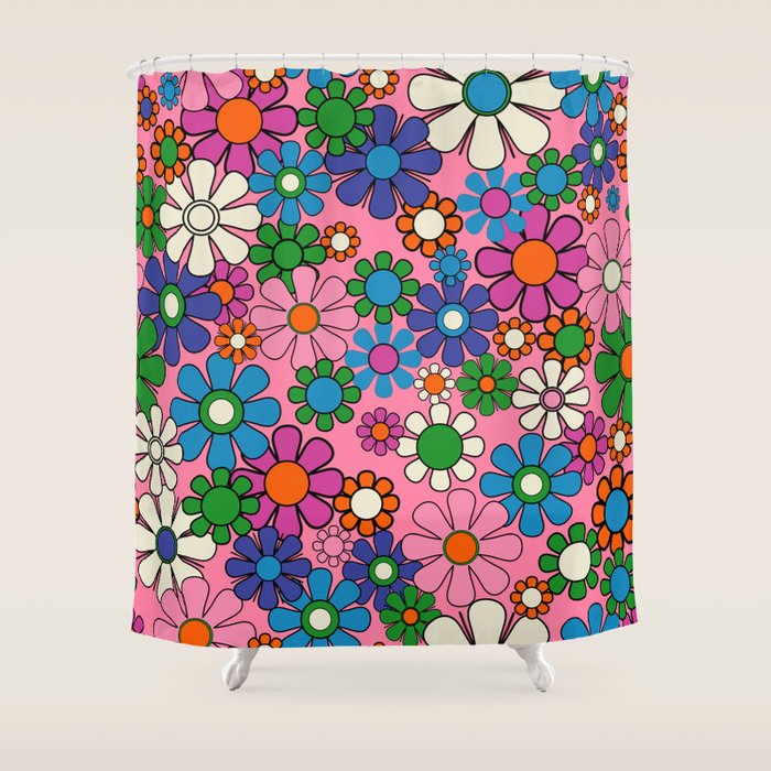 Groovy Retro Garden Colorful 60s 70s Pink Floral Pattern Shower Curtain Gallery Image 1