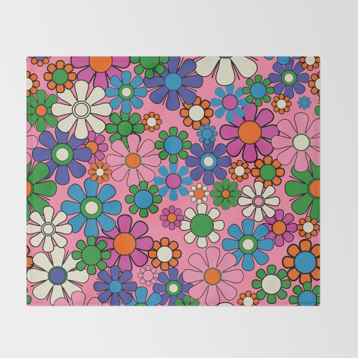 Groovy Retro Garden Colorful 60s 70s Pink Floral Pattern Throw Blanket Gallery Image 2