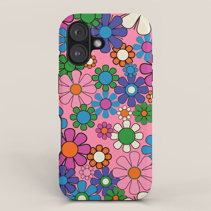 Groovy Retro Garden Colorful 60s 70s Pink Floral Pattern iPhone Case Gallery Image 1
