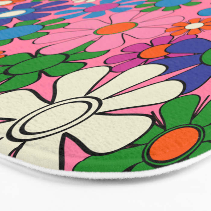 Groovy Retro Garden Colorful 60s 70s Pink Floral Pattern Bath Mat Gallery Image 3