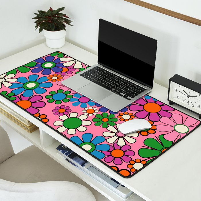Groovy Retro Garden Colorful 60s 70s Pink Floral Pattern Desk Mat Gallery Image 2