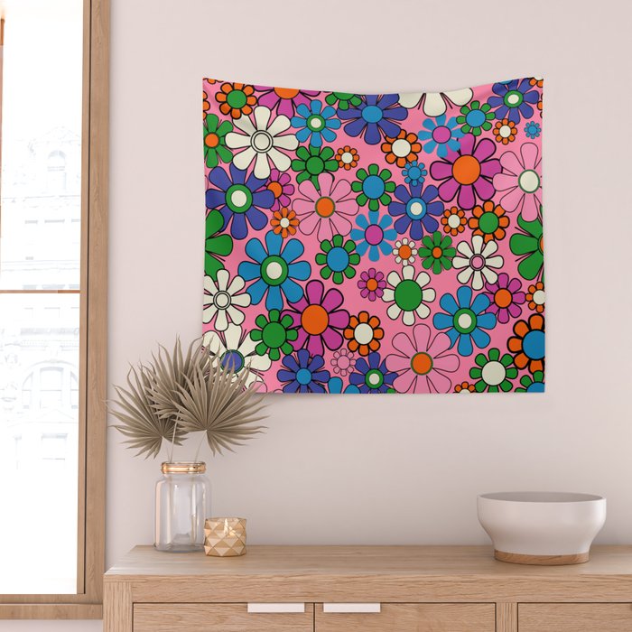 Groovy Retro Garden Colorful 60s 70s Pink Floral Pattern Wall Tapestry Gallery Image 2