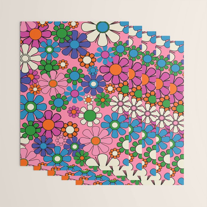 Groovy Retro Garden Colorful 60s 70s Pink Floral Pattern Wrapping Paper Gallery Image 3