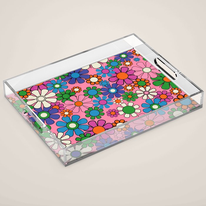 Groovy Retro Garden Colorful 60s 70s Pink Floral Pattern Acrylic Tray Gallery Image 1