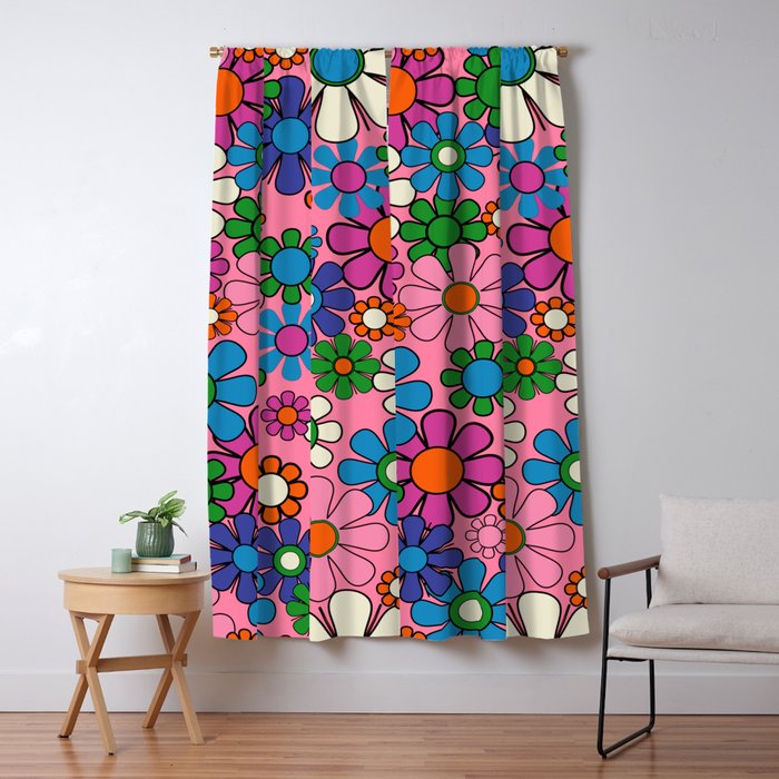 Groovy Retro Garden Colorful 60s 70s Pink Floral Pattern Window Curtain Gallery Image 1