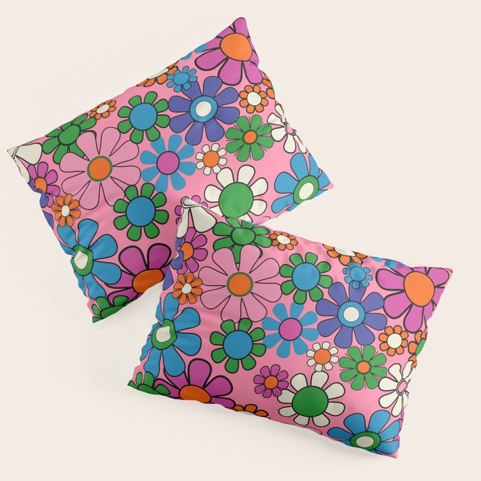 Groovy Retro Garden Colorful 60s 70s Pink Floral Pattern Pillow Sham Gallery Image 3