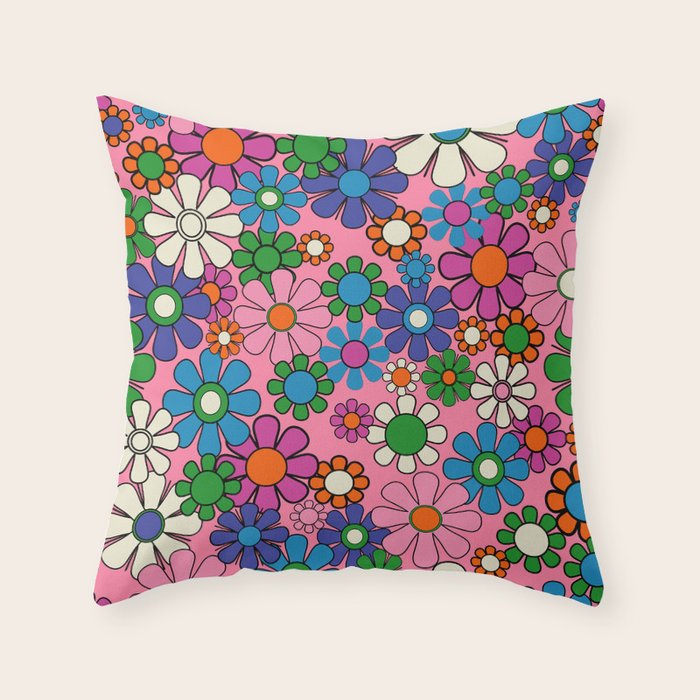 Groovy Retro Garden Colorful 60s 70s Pink Floral Pattern Throw Pillow Gallery Image 6