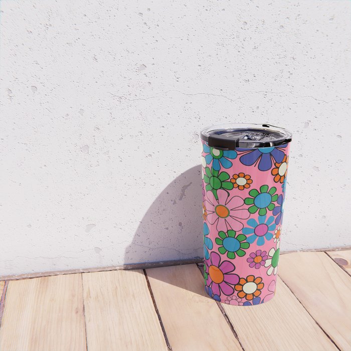 Groovy Retro Garden Colorful 60s 70s Pink Floral Pattern Travel Mug Gallery Image 4