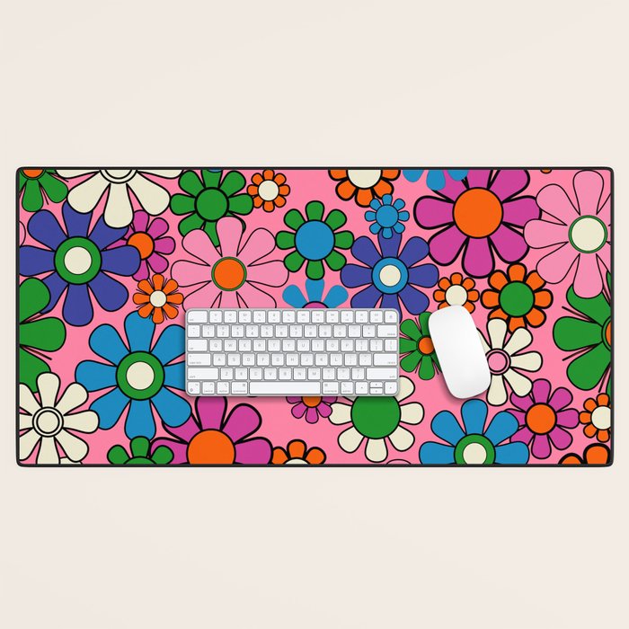 Groovy Retro Garden Colorful 60s 70s Pink Floral Pattern Desk Mat Gallery Image 1